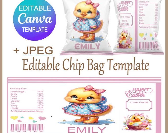 Easter Duckling Chip Bag Canva Editable Template, Customised Party Favour for Easter Celebrations, Perfect Easter Gift , Instant Download