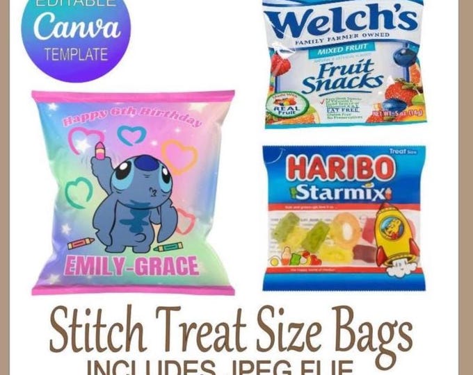 Customizable Stitch Wrapper Template for Party Favor Bags | Editable Canva Design for Fruit Snacks & Haribo | JPEG Included