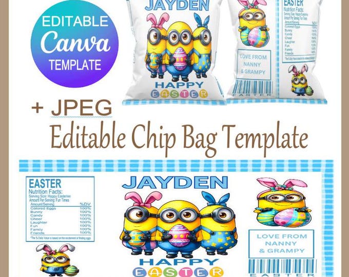 Minions Editable Easter Chip Bag Canva Template, Customised Party Bags for Easter Celebrations, JPEG File included, Perfect Easter Gift Bags