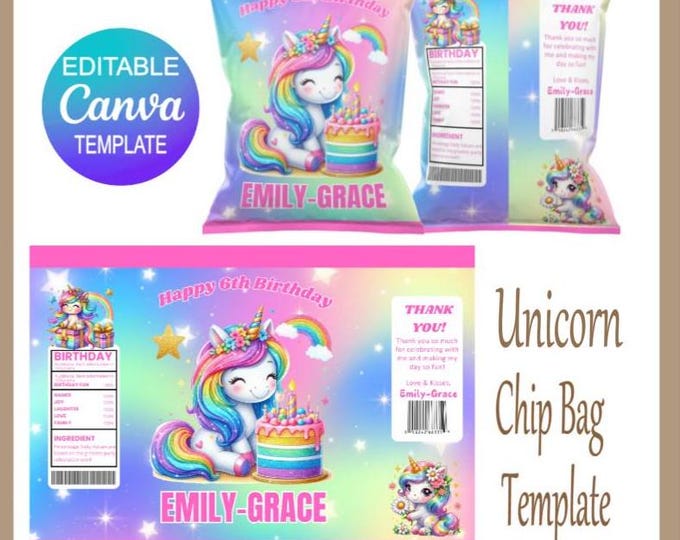 Unicorn Chip Bag - Unicorn Party Bag -Personalised Unicorn Party Bags- Unicorn Party - Canva Template - Easy To Personalise Party Bags