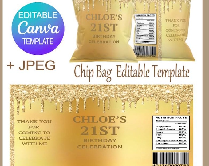 Gold Chip Bag Template - Gold Party Bag -  Editable Birthday Chip Bag, Gold Party Bag Template - Editable Canva Template - Adult Birthday