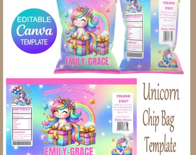 Unicorn Party Bags - Personalised Unicorn Chip Bags - Editable Canva Template for Rainbow Unicorn Party Favors - Rainbow Unicorn Party Bags