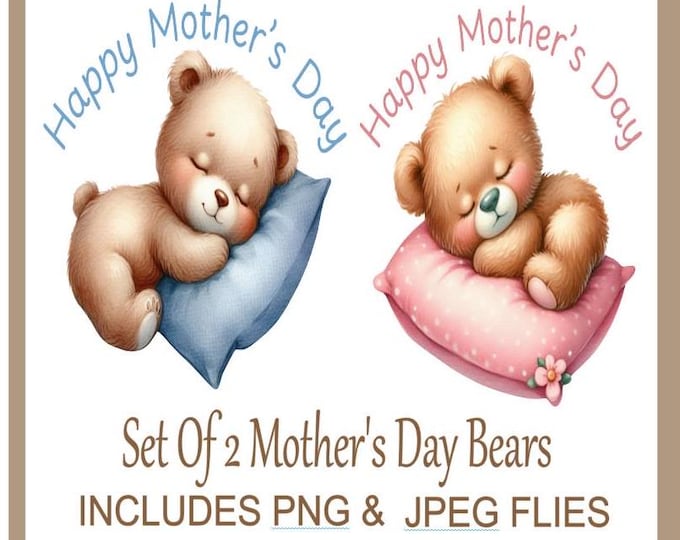 Happy Mother's Day Bears, Adorable Pink and Blue Bears, Happy Mothers Day Pink & Blue Designs, Mother's Day Clipart Instant Digital Download