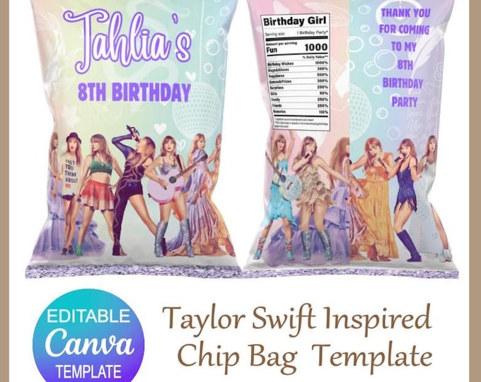 TAYLOR Chips Bag Template - Swifty Party Bags - Editable Canva Template - Taylor Swift Party - Taylor Party Bags - Personalised Party Favors