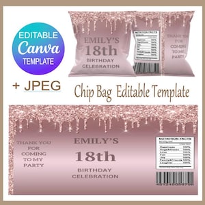 Editable Chip Bag Template - Rose Gold  - Digital Download  - 18th- Personalised Party Favours - Personalised Party Bags - Canva Template