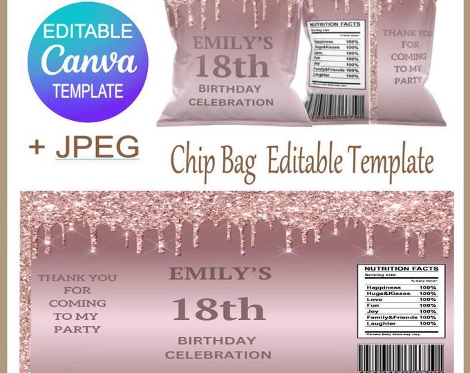 Editable Chip Bag Template - Rose Gold  - Digital Download  - 18th- Personalised Party Favours - Personalised Party Bags - Canva Template