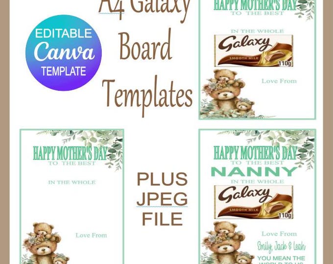 MOTHER'S DAY Galaxy Board Canva Templates, A4 size Add Names To Template , Cute Bears Galaxy Board Templates, Editable Canva Link plus JPEG