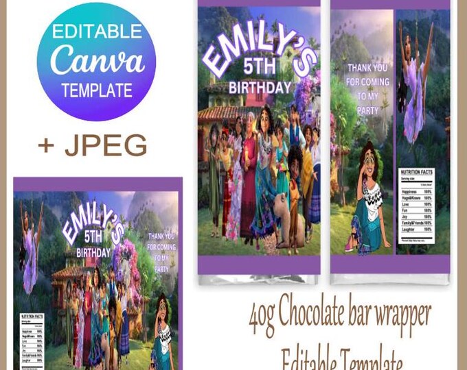 Encanto Themed 40g Chocolate Bar Canva Template, Editable Canva Encanto Design for Party  Favours, JPEG File included Just add Name and Age