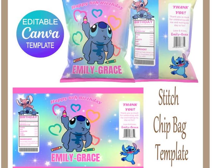 Stitch Party Bag -  Personalised Stitch Favors - Editable Canva Template - Stitch Chip Bag Template - Stitch Party Favors - Instant Download