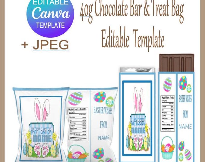 Easter Chocolate Bar Wrapper & Treat Bag - Easter Canva Template plus JPEG File - DIY Easter Chocolate Bar Wrapper With Matching Treat Bag