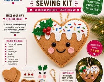 Weihnachtsschmuck-Nähset | DIY-Weihnachtsdekoration aus Filzherz | Vorgeschnittenes Filz-Bastelset