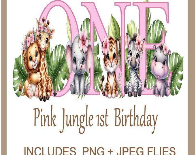 Safari Wild One Clipart Jungle Zoo Animals PNG, Pink Jungle 1st Birthday Clipart Use For On Cards T-shirts And Much More, Instant Download