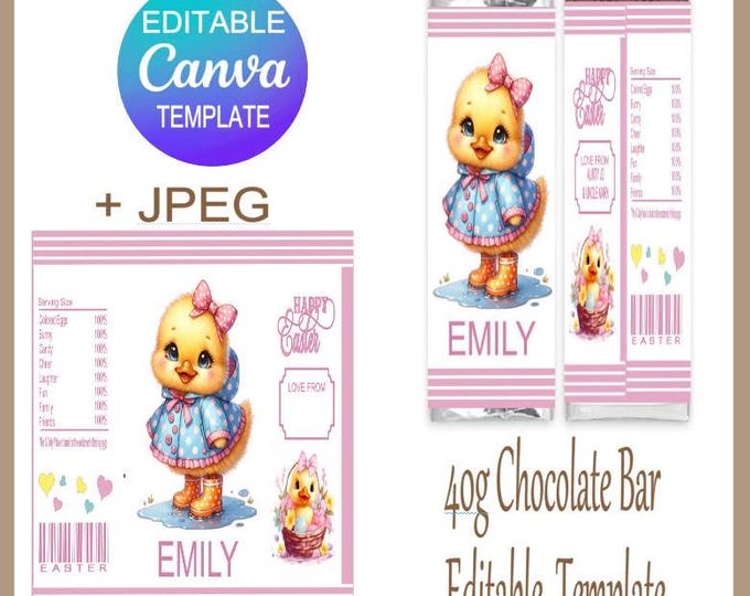 Easter Chocolate Bar Canva Editable Template For Personalised Party Favour, Editable Canva Template, JPEG File included DIY Chocolate Bars