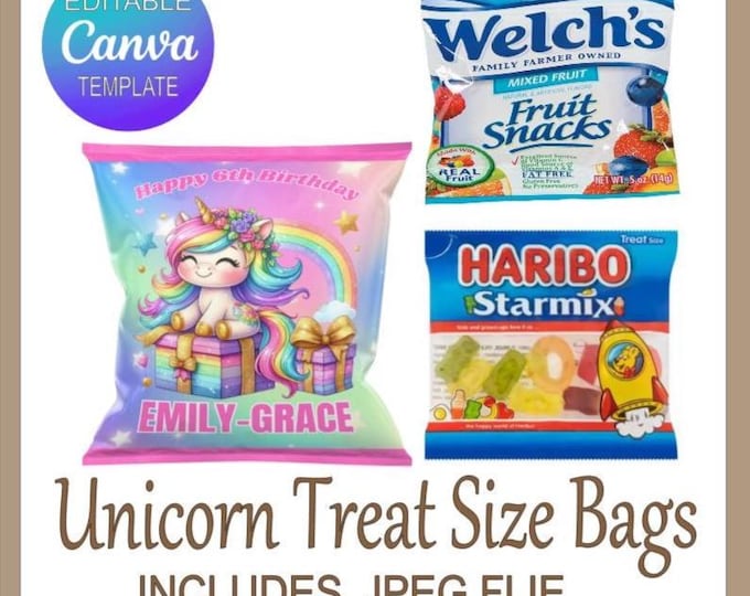 Unicorn Wrapper Template - Editable Canva Party Favor Bags | Perfect for Fruit Snacks & Haribo | Rainbow Unicorn Party | JPEG File Included