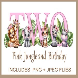 Safari sauvage deux animaux du zoo de la jungle PNG, Clipart 2e anniversaire de la jungle rose à utiliser pour des cartes, des T-shirts et bien plus encore, téléchargement immédiat