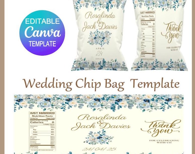 Wedding Chip Bag Template - Just  Marriage Favor Bags,  Digital Download - Editable Chip Bag - Easy and Fun - Perfect for Weddings Reception