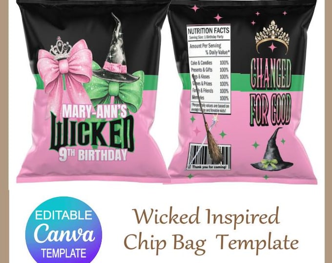 Wicked Party Favours - Wicked Pink & Green - Editable Canva Template - Wicked Party Bags - Wicked Chip Bag - Personalised Wicked  Party Bags