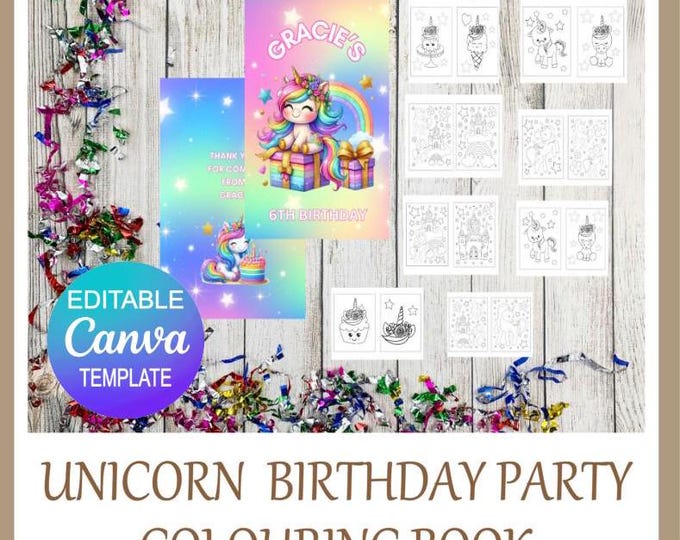 Unicorn Colouring Book -  Unicorn Colouring Pages - Unicorn Party Favours, Unicorn Party - Editable Canva File - Unicorn Coloring for Kids
