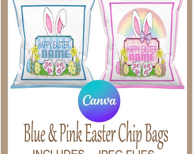 Pink And Blue Easter Chip Bag Set Canva Editable Templates, Instant Download  Party Bags Perfect To Fill With Easter Treats, Just add Names