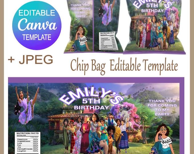 Encanto Editable Chip Bag Canva Template, Encanto Themed for Birthday Parties, Fun Party Favours for Kids' Celebrations