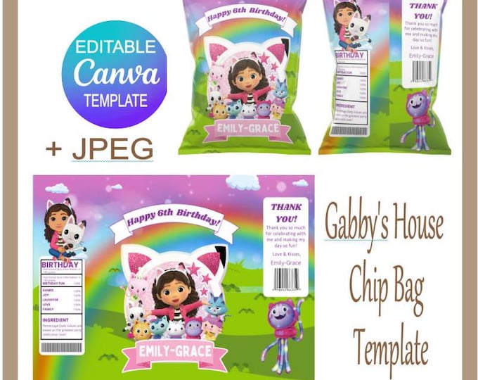 Gabby's House Personalised Party Bags, Colourful Gabby's House Editable Chip Bag Canva Template, Plus JPEG, Easy To Personalise Party Bags