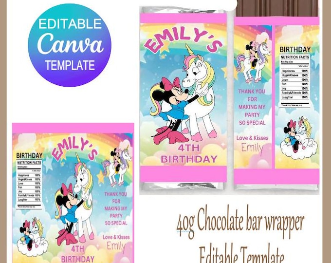Chocolate Bar Wrapper Canva Template - Minnie Mouse Themed  - Birthday Party Wrappers - Minnie Mouse Chocolate Bar - Minnie Mouse Party