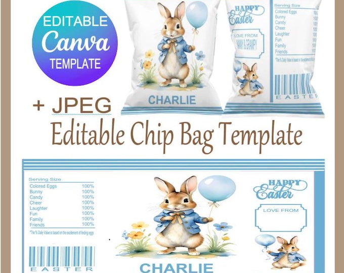 Easter Bunny Chip Bag Editable Canva Template, Personalised Easter Party Bags, Perfect For an Easter Hunt with the Kids, just add names