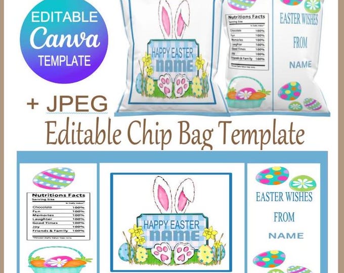 Easter Chip Bag Canva Editable Template, Customised Party Favour for Easter Celebrations, Perfect Easter Gift for Kids, Just add Names