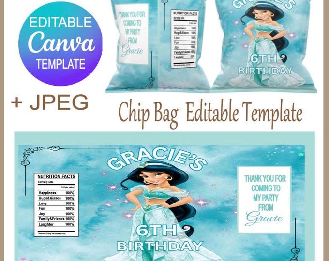 Princess Themed Chocolate Bar Canva Template, Editable Canva Jazmin Design for Party Favours, JPEG File Included Ideal Gift for Little Ones*