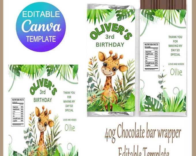 Jungle Themed Chocolate Bar Wrappers - Editable Canva Design - Safari Party Favours - Candy Bar Wrapper - Jungle Design - Digital Download