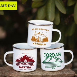Personalized Campfire Mug, 12oz Enamel Camping Coffee Mug, Outdoor Camp Style - Mountain Travel Mug, Happy Camper Tin Coffee Cup Gift