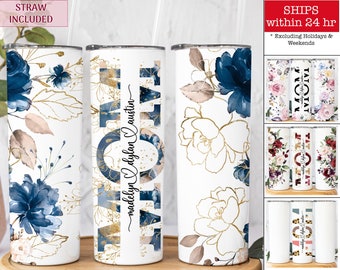 Personalized Mom Tumbler for Mother's Day Gift for Mom - Mom Tumbler with Kid Names - Mom Blue Floral Tumbler Gift for Birthday