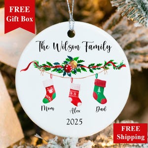 Stocking Family of 3 Christmas Ornament, Personalized First Christmas As Family of Three Ornament 2023, Custom New Parents Xmas Gift