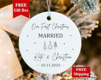 Custom Wedding Ornament 2025 Our First Christmas Married Ornament, Personalized Porcelain Ornament, Xmas Newlywed Gift