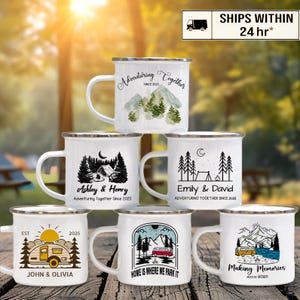 Personalized Couple Campfire Mugs, 12oz Custom Wedding Camping Together Enamel Coffee Mug, Outdoor-Camper-Camp Adventuring Together Mug image 1