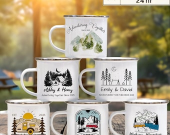 Personalized Couple Campfire Mugs, 12oz Custom  Wedding Camping Together Enamel Coffee Mug, Outdoor-Camper-Camp Adventuring Together Mug