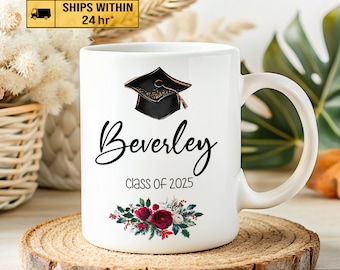 Graduation Coffee Mug, Personalized Graduate Mug with Name, Class of 2023 Mug, Diploma - Grad Hat - PHD College - High School Boy/Girl Gift