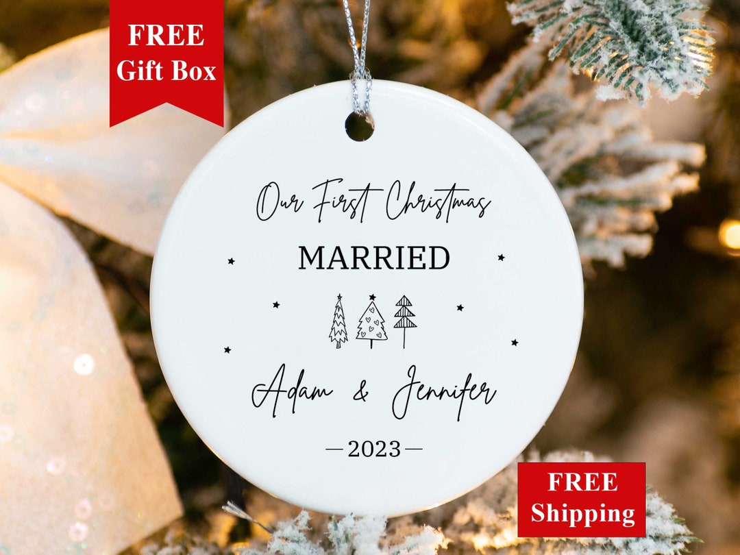 Custom Wedding Ornament 2023, Our First Christmas Married Ornament, Personalized Porcelain