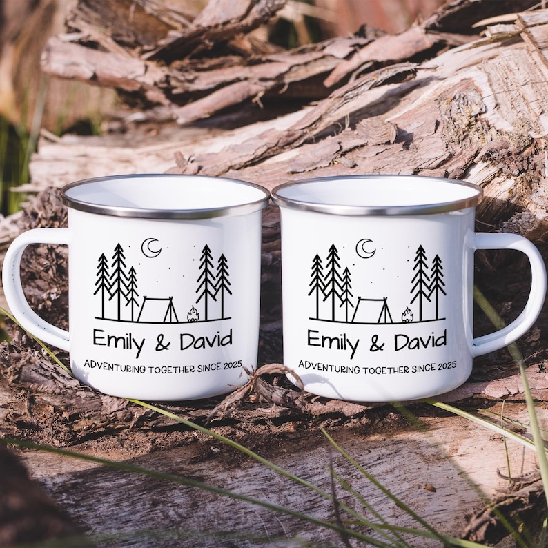 Personalized Couple Campfire Mugs, 12oz Custom Wedding Camping Together Enamel Coffee Mug, Outdoor-Camper-Camp Adventuring Together Mug image 7