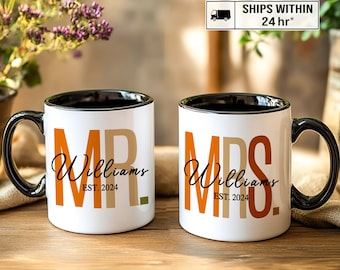 Custom Mr. and Mrs. Matching Mugs, Bridal Shower Gift, Personalized Newlywed Est. Dated Couple Coffee Mug Set, Anniversary Mug