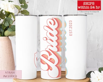Personalized Retro Bride Tumbler with Wedding Date, Bridal Shower Gift for Bride, Bachelorette Party - Engagement Gift for Her