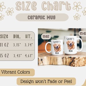 Op de afbeelding: Witte keramische mokken met een afbeelding van een golden retriever en de tekst "Goldie's Mom". De maattabel toont mokken van 11 oz en 15 oz, met afmetingen in cm. De afbeelding bevat ook de tekst "Vibrant Colors" en "Design won't Fade or Peel."