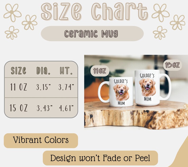 Op de afbeelding: Witte keramische mokken met een afbeelding van een golden retriever en de tekst "Goldie's Mom". De maattabel toont mokken van 11 oz en 15 oz, met afmetingen in cm. De afbeelding bevat ook de tekst "Vibrant Colors" en "Design won't Fade or Peel."