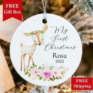 Baby&#39;s First Christmas Ornament 2023, Personalized Baby Girl Newborn Deer Ornament, Custom My 1st Xmas Keepsake, Baby Shower New Baby Gift