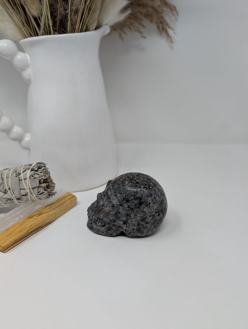 May include: A black and grey speckled stone skull sculpture. The skull is carved in detail and has a smooth, polished finish.