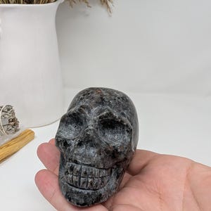 May include: A black and grey granite skull sculpture with detailed features. The skull is carved with a realistic smile and eye sockets.