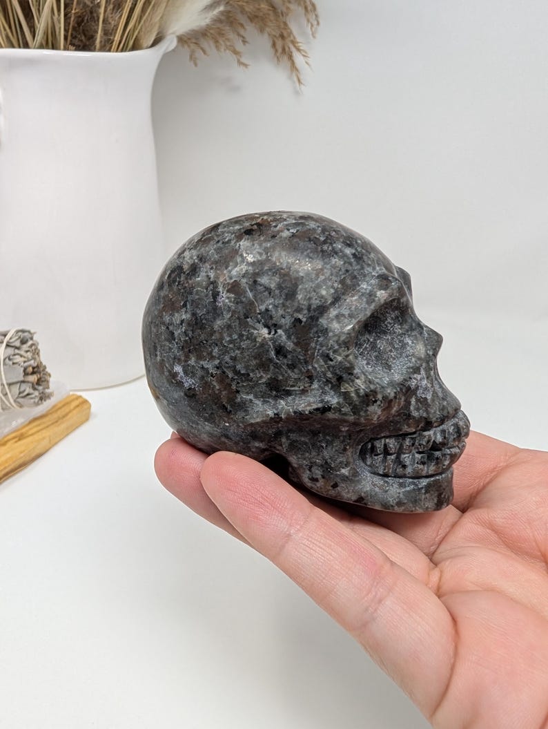 May include: A black and grey granite skull sculpture. The skull is carved in detail and has a smooth, polished finish.