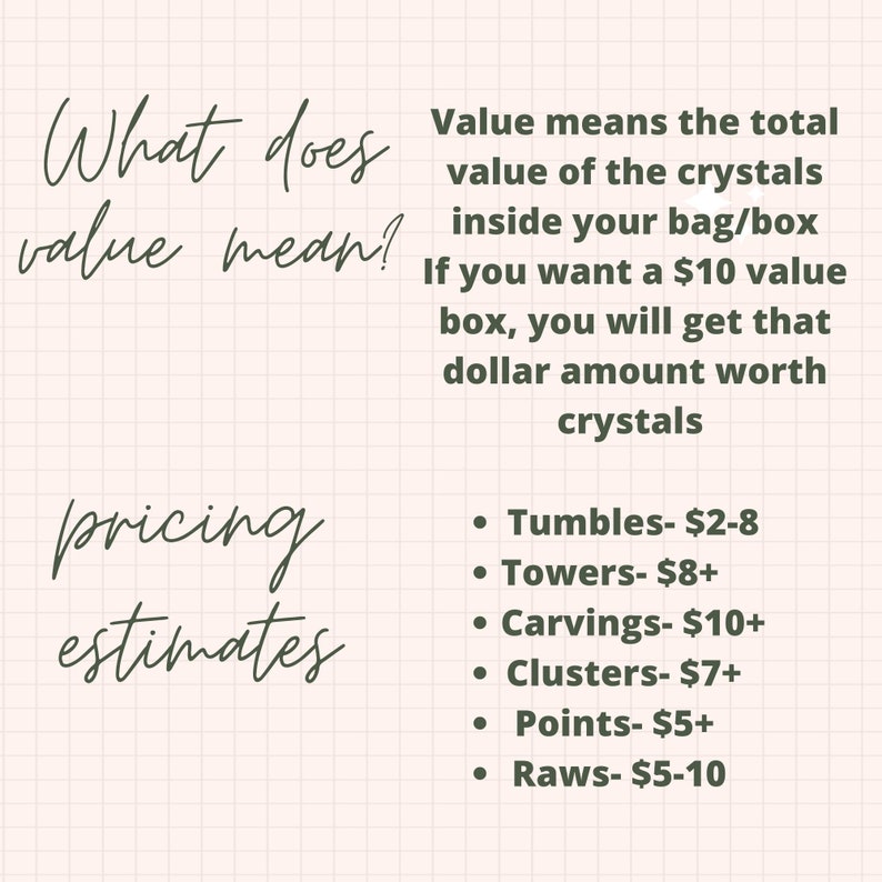 May include: A handwritten note explaining the value of crystals in a bag or box. The note includes pricing estimates for different types of crystals, including tumbles, towers, carvings, clusters, points, and raws.