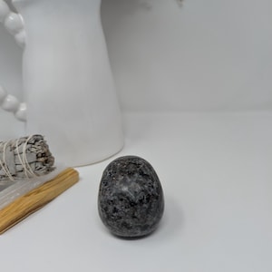 May include: A smooth, dark grey, oval-shaped stone with a speckled pattern. The stone is sitting on a white surface.