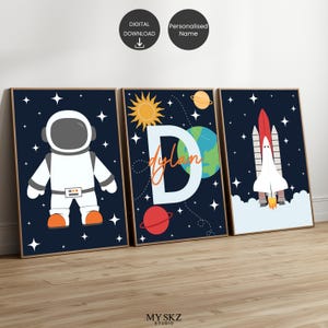 Personalised Name Outer Space Astronaut Spaceship Prints, Set of 3 Wall Art Prints, Planet Poster, Space Theme Prints, Space Nursery Print